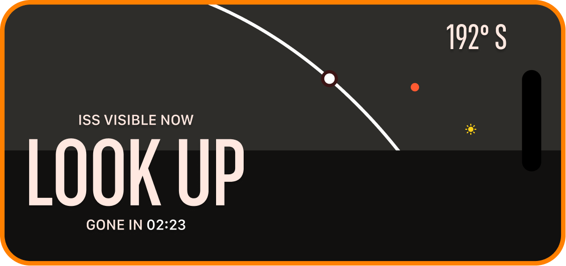 Look Up live widget reading: ISS visible now — LOOK UP, gone in 02:23