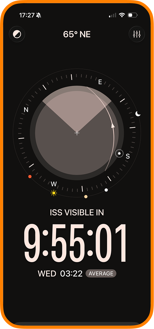 Look Up app showing the ISS compass and a 9:55:01 countdown to the next visible pass