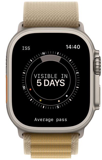 Apple Watch Ultra showing the Look Up complication: ISS visible in 5 days